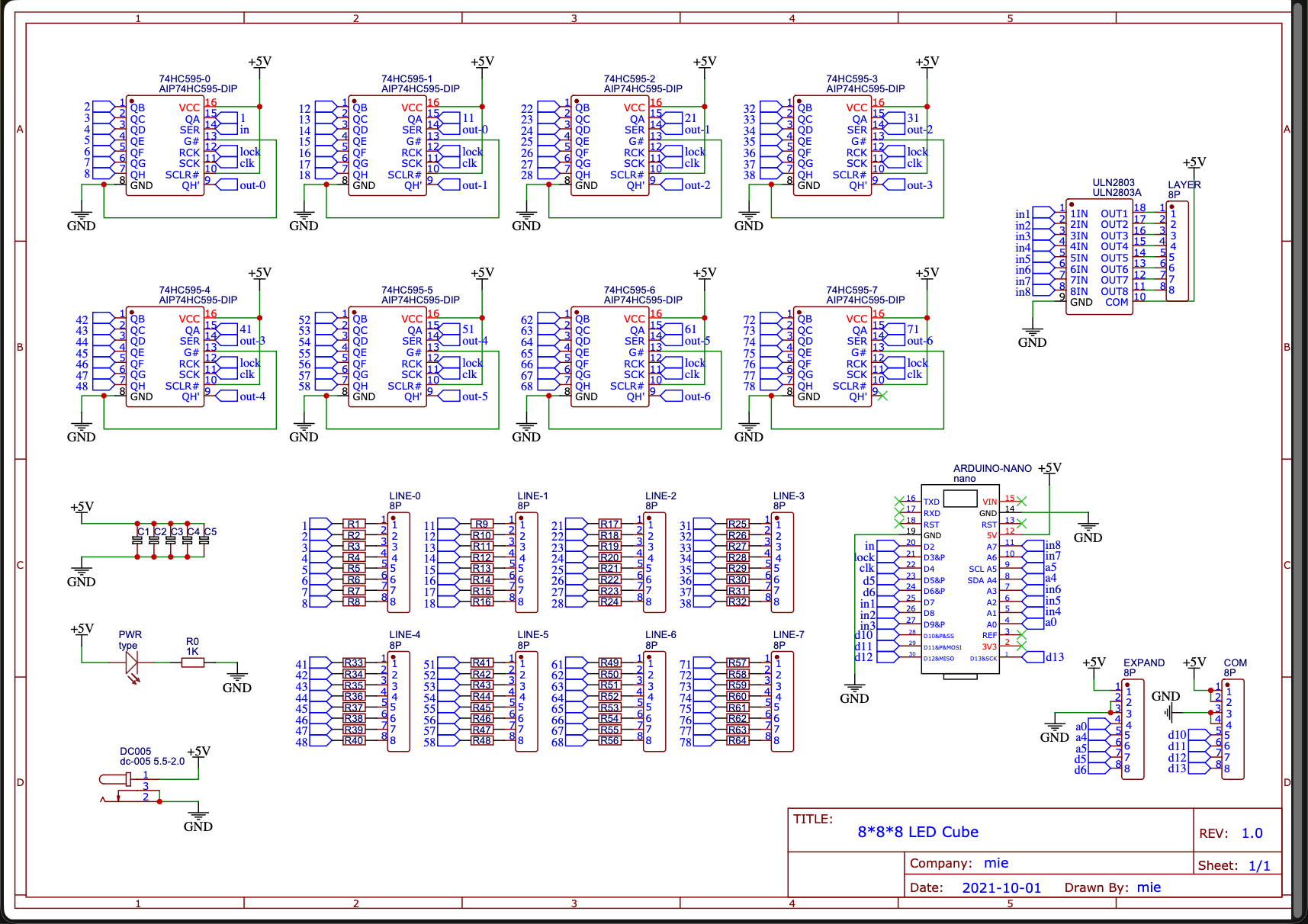 8x8x8 LED Light Cube Circuit Schematic