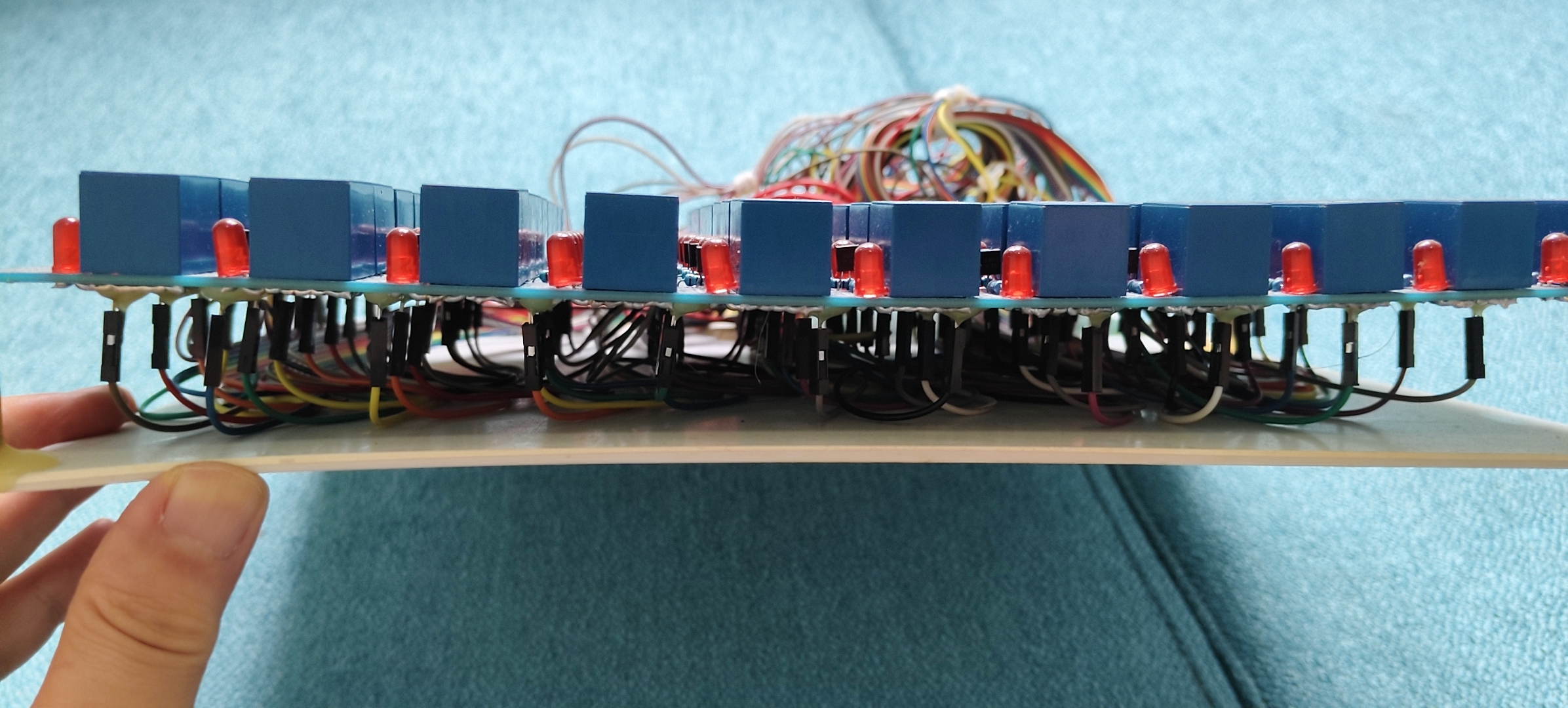 Side view of the stacked relay board and indicator LEDs
