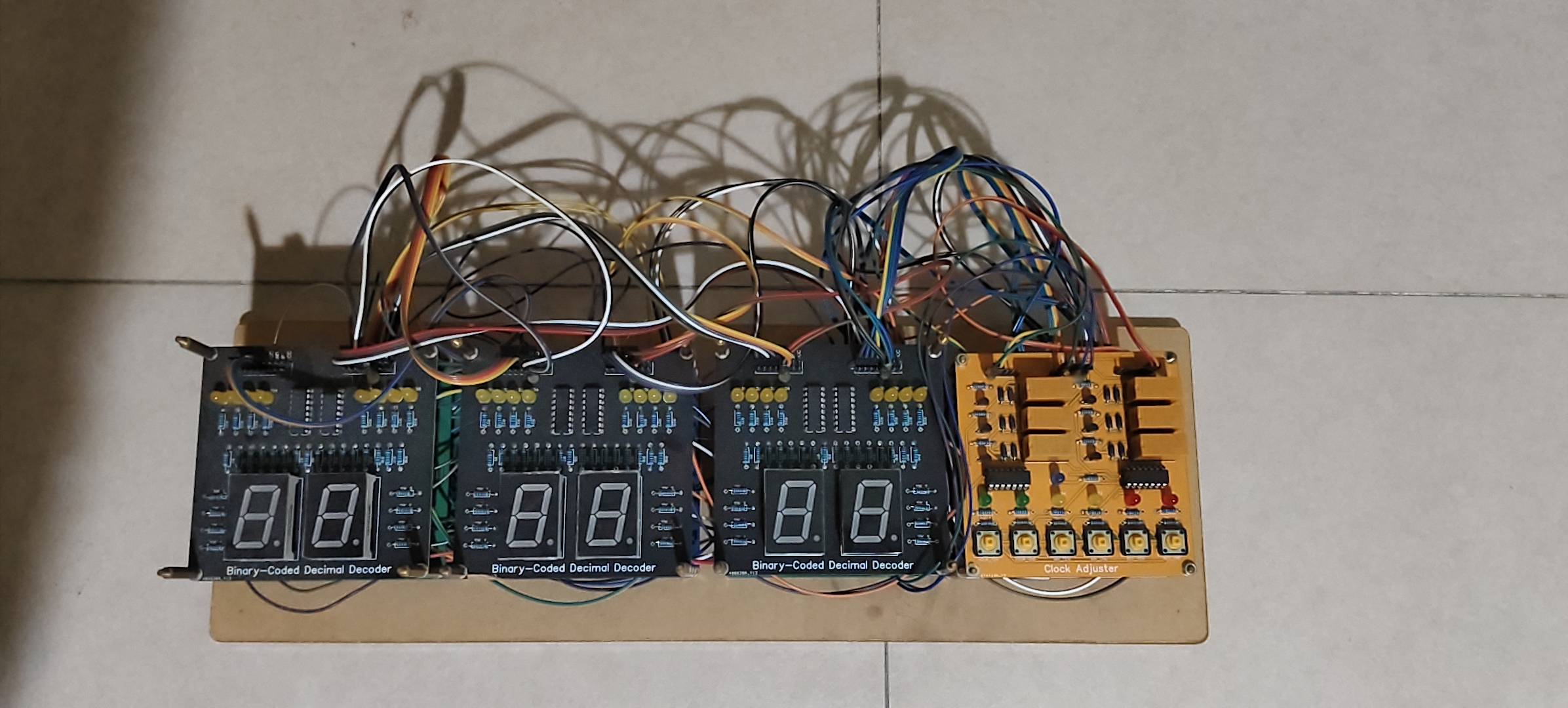 Relay clock top view with display and adjuster boards