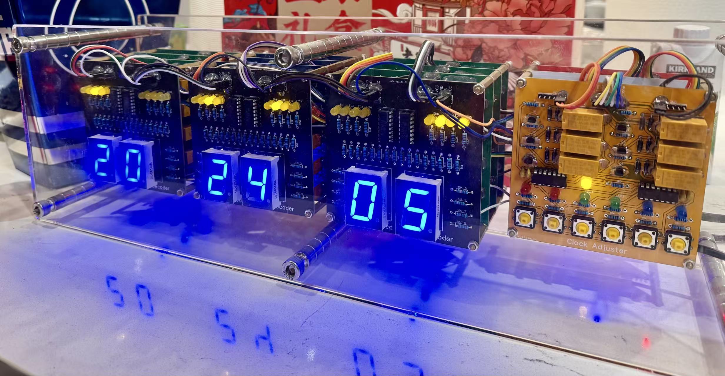 Relay clock powered on inside the acrylic enclosure